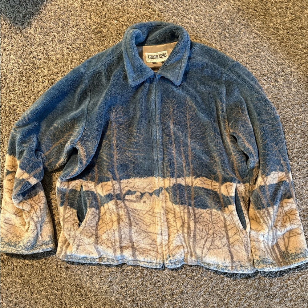 Vintage 90s Country Woods
Landscape Forest Snow Winter fleece jacket size Large